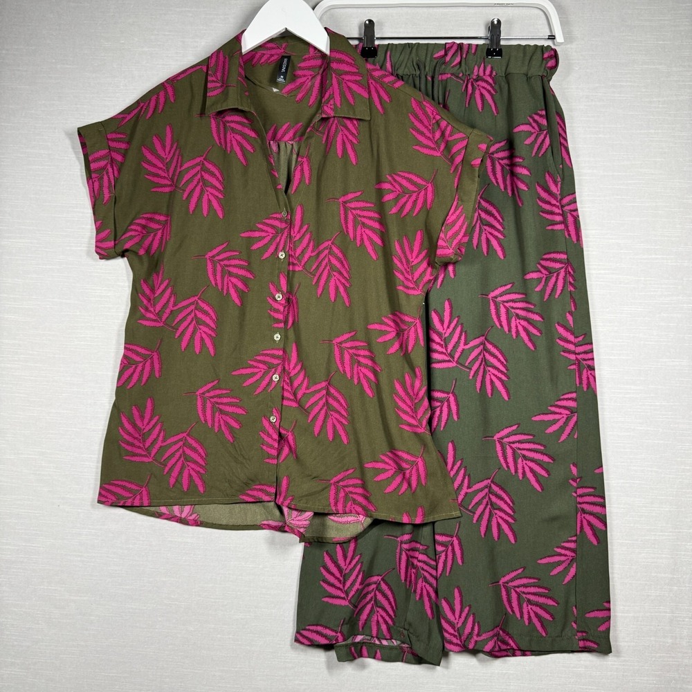 Massini‎ Blouse Pants Set Womens S M Brown Silky Flowy Vacation Button Up